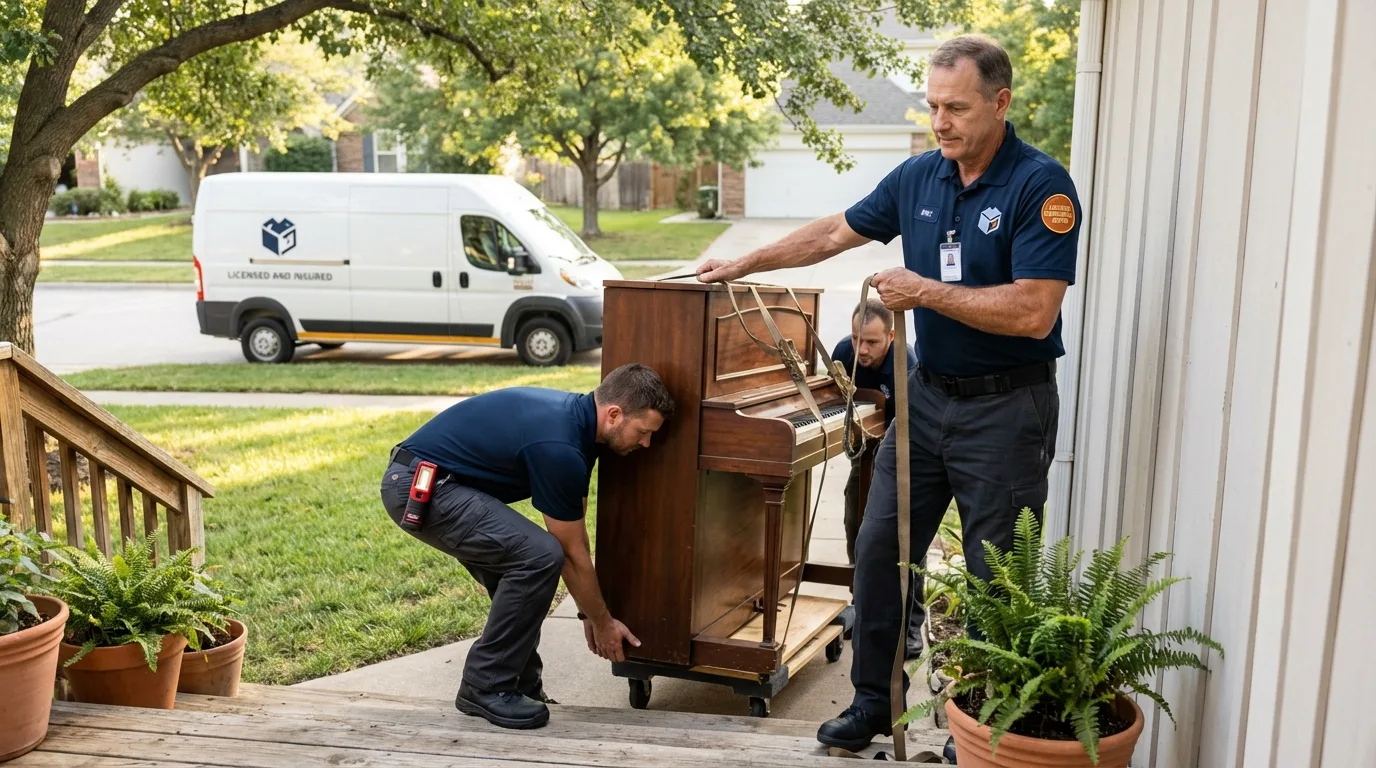 Licensed piano movers securing grand piano in Du Quoin, IL