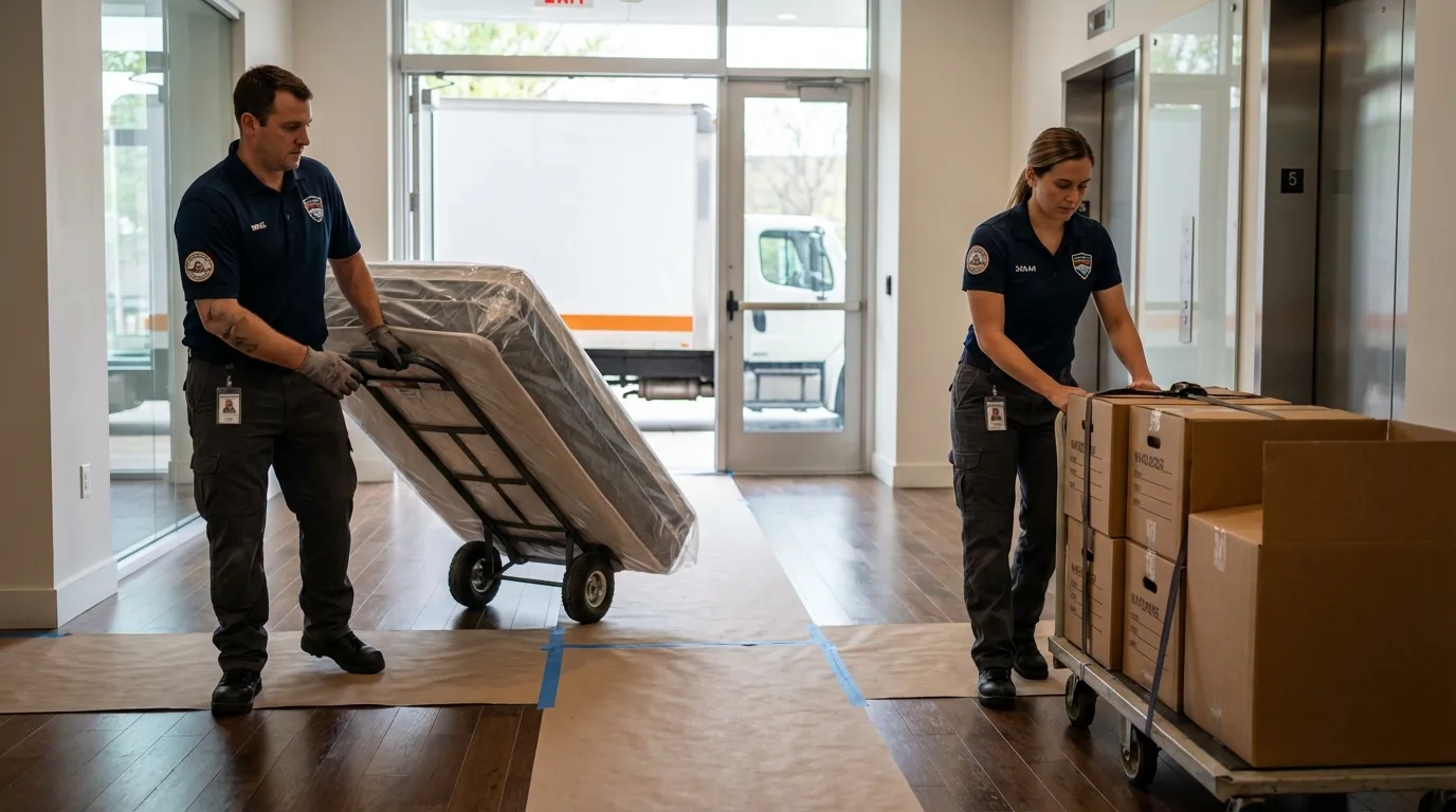 Professional apartment movers loading elevator in Du Quoin, IL