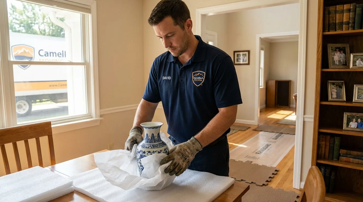 Professional crew carefully wrapping antique vase for senior downsizing move in Du Quoin, IL